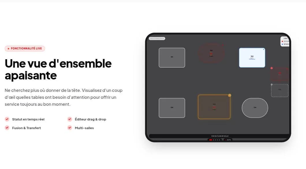 Vue du plan de salle de Resto+ sur tablette, avec le statut de chaque table en temps réel.